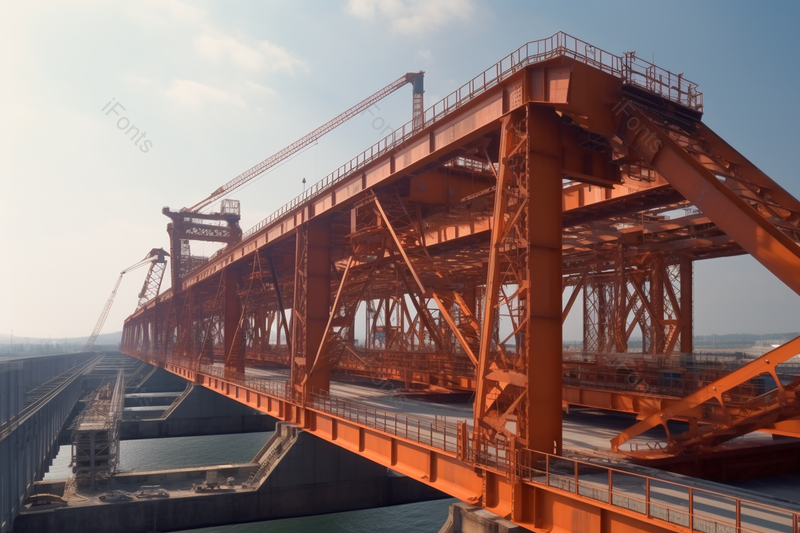 大桥上橙色起重机建造桥梁设施钢材铁轨栏杆摄影图,高清,摄影图,摄影图片,图片大全,摄影图免费下载